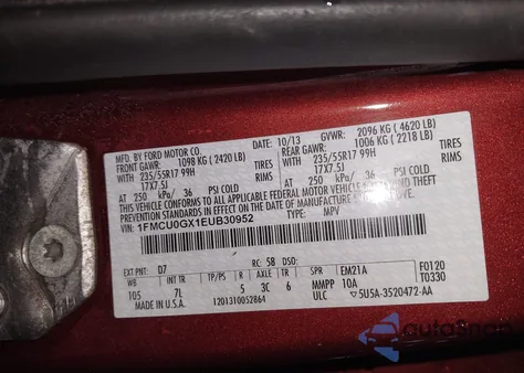 2014 Ford Escape Se from USA, damaged, VIN 1FMCU0GX1EUB30952